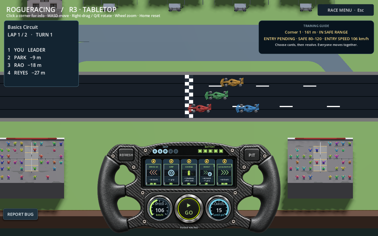 Actual tabletop gameplay, with the whole circuit and card controls visible